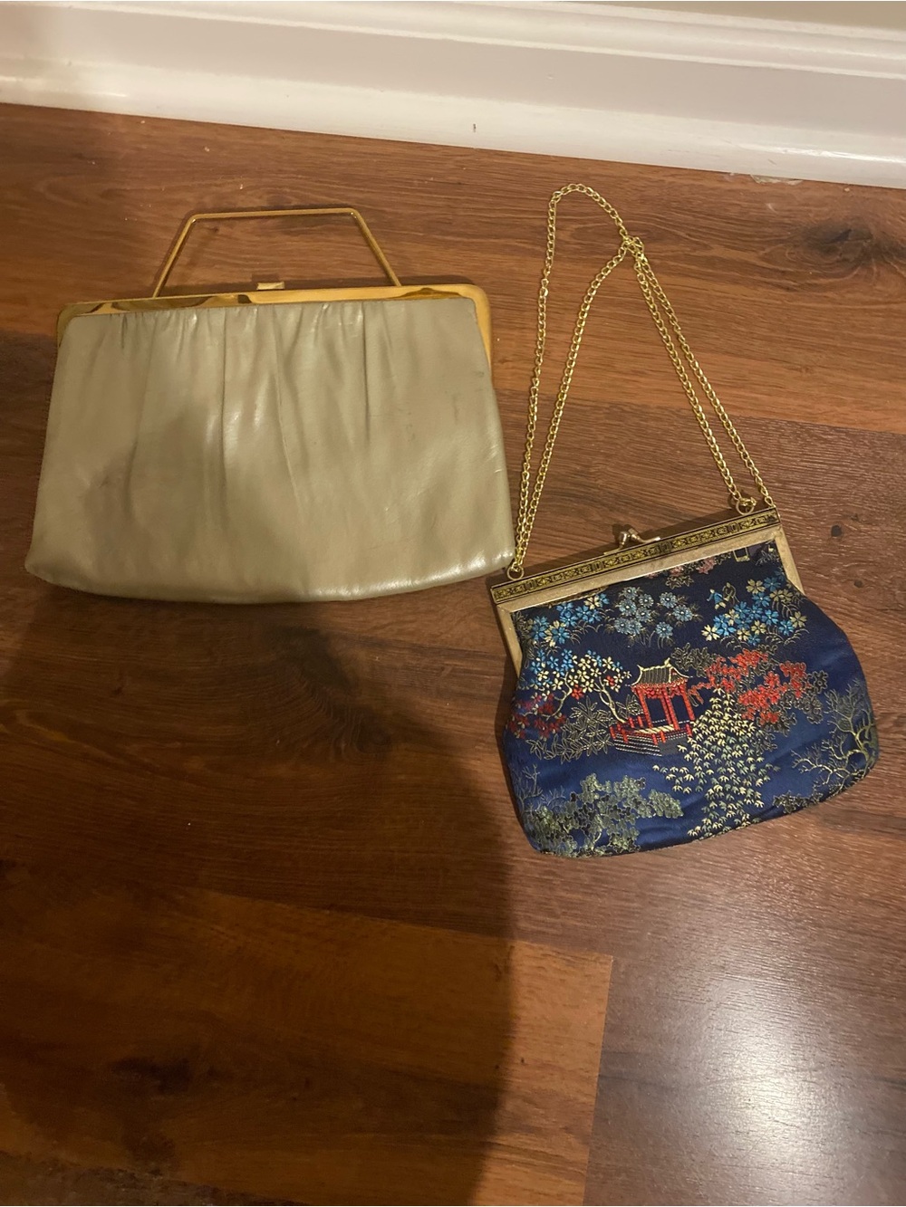 Vintage 80’s Satin Embroidered Blue Evening Bag with Gold Chain & Silver Clutch